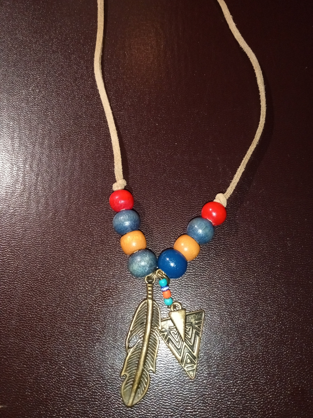 Colorful Beaded Feather Pendant Necklace - Blue, Red & Orange With 2 Charms
